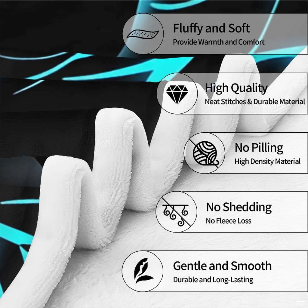 Feature graphic outlining print clarity, durable finish, and colorfast tones of cyan dragon throw blanket