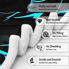 Feature graphic outlining print clarity, durable finish, and colorfast tones of cyan dragon throw blanket