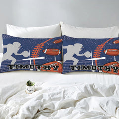 Overhead view of faith and football sports bedding laid out neatly across an interior bedroom bed arrangement