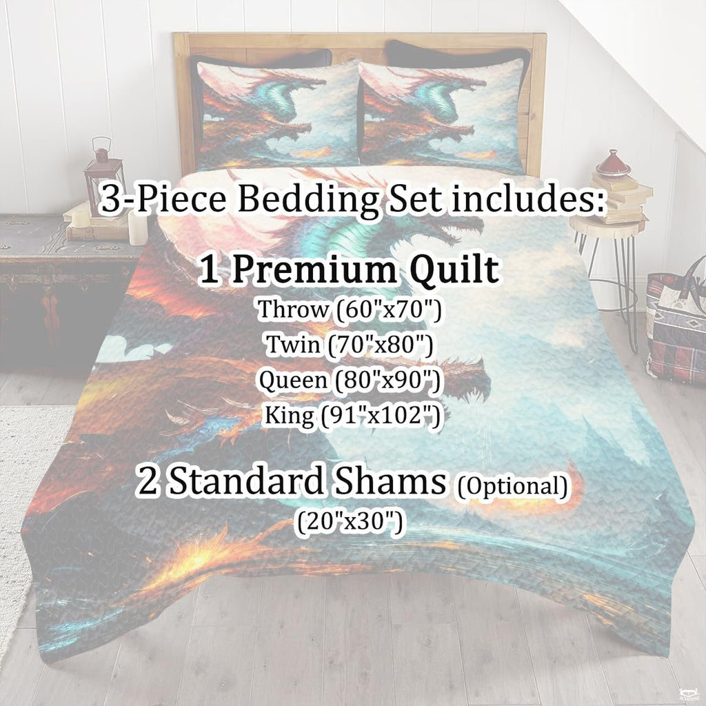 Multicolor dragon trio bedding shown behind a package information overlay