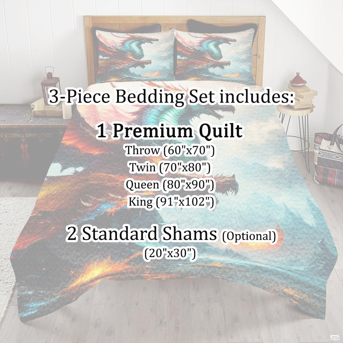 Multicolor dragon trio bedding shown behind a package information overlay