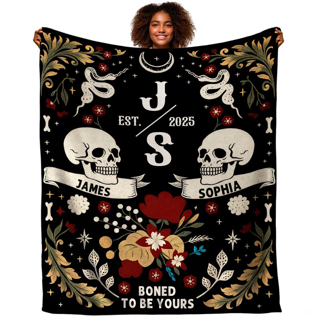 Gothic floral skulls blanket featuring paired skulls, celestial serpents, and crimson blooms.