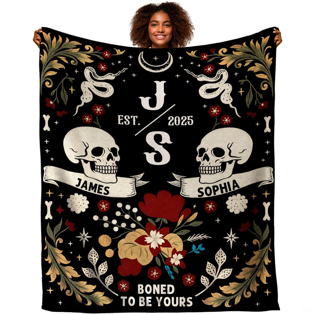 Gothic floral skulls blanket featuring paired skulls, celestial serpents, and crimson blooms.