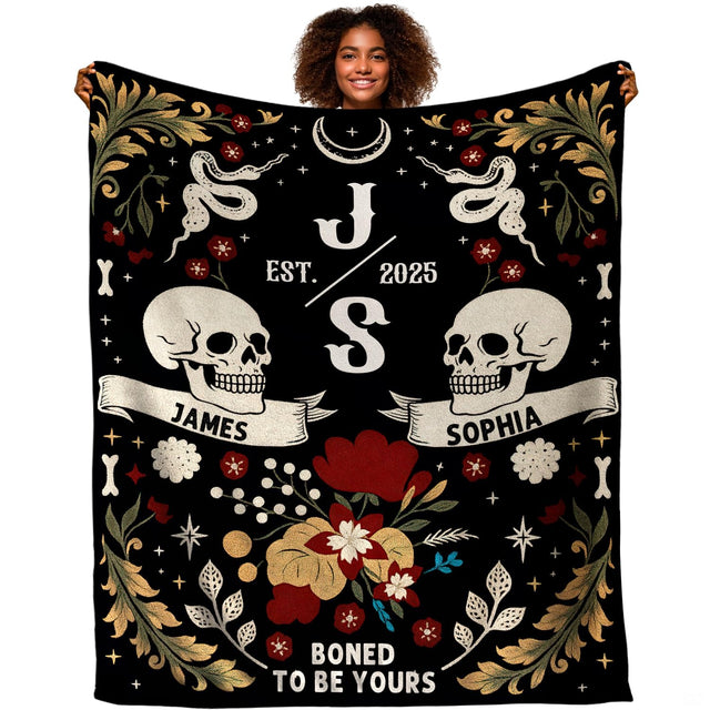 Gothic floral skulls blanket featuring paired skulls, celestial serpents, and crimson blooms.