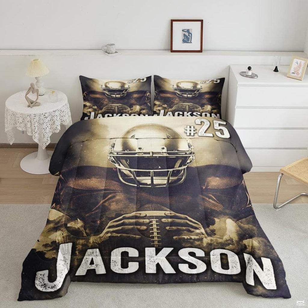 Monochrome footballer silhouette sports bedding featuring an athletic player graphic in motion on a bed