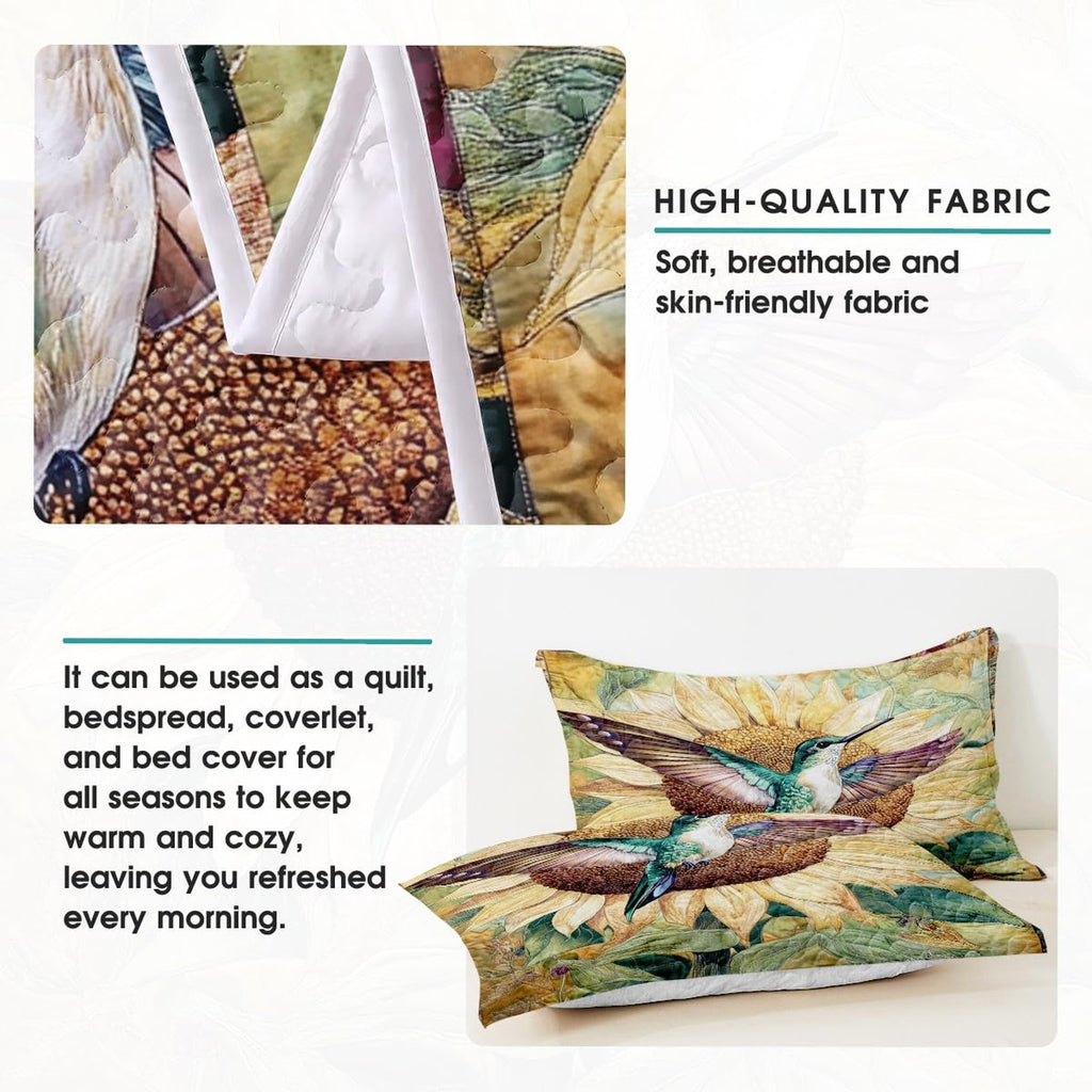 Hummingbird sunflower artwork shown on coordinated pieces