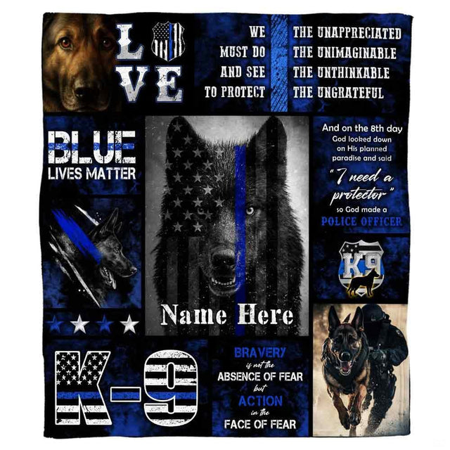 German Shepherd police dog throw blanket view 2 highlighting canine service portraits, badges, and flag graphics