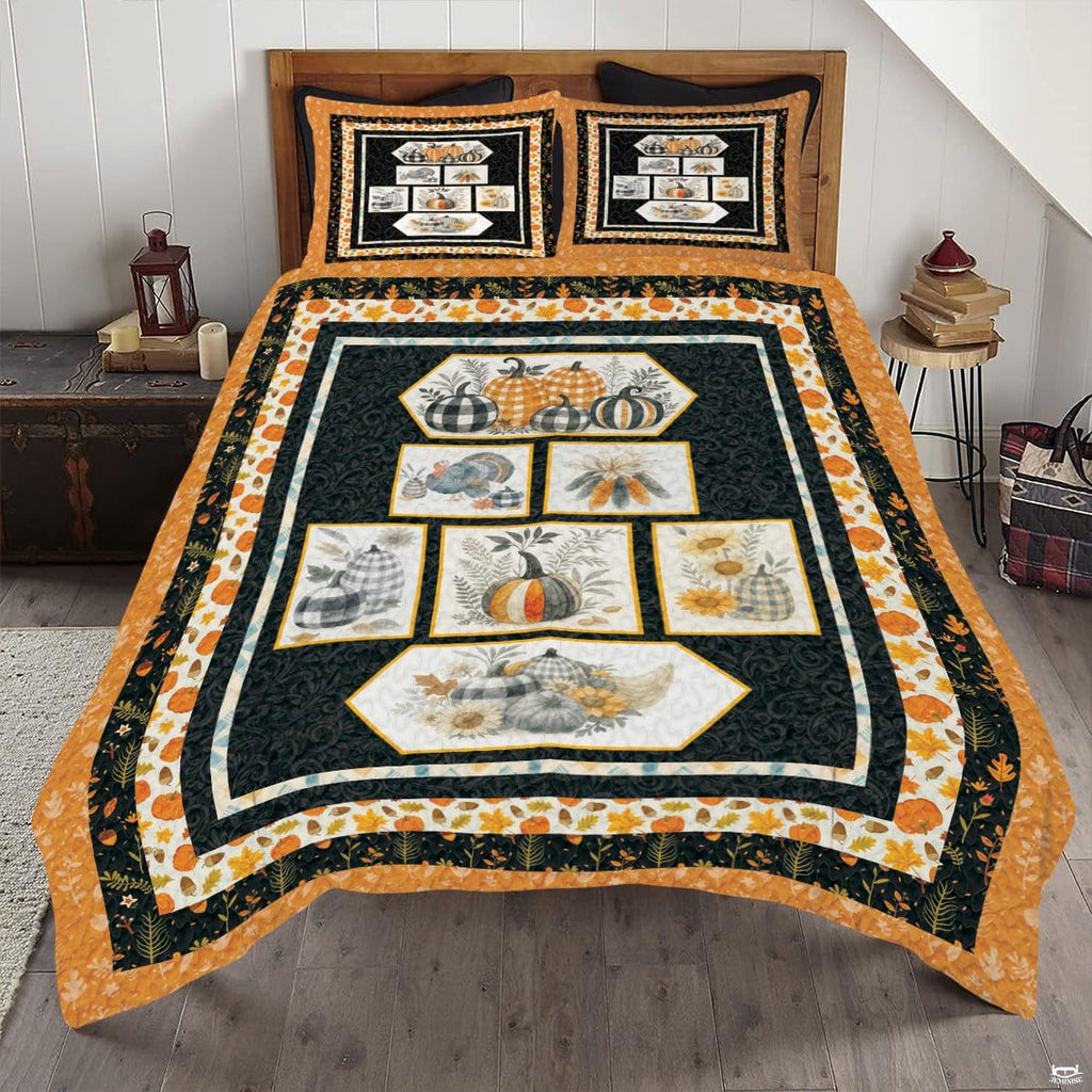 Fall pumpkin bedding featuring rustic pumpkin panels, sunflowers, and autumn harvest artwork.