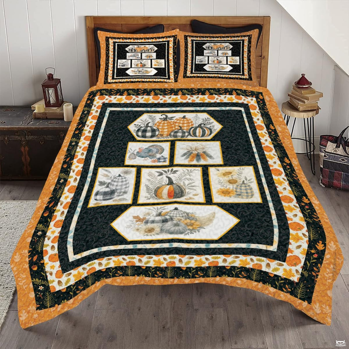 Fall pumpkin bedding featuring rustic pumpkin panels, sunflowers, and autumn harvest artwork.