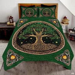 Emerald Celtic Tree of Life knotwork bedding displayed on wooden bed with matching pillowcases.