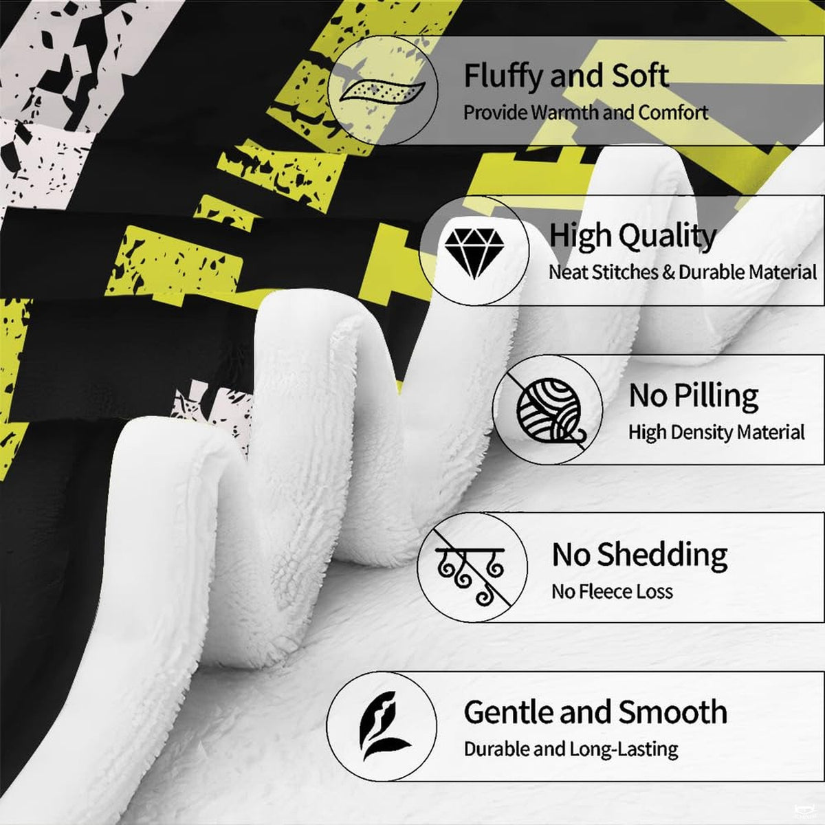 Close fold perspective highlighting clear print resolution, reverse lining, and feature icons.