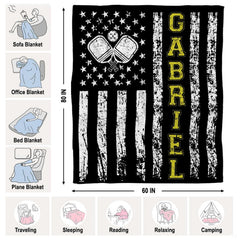 Distressed American flag graphic with crossed pickleball paddles and yellow lettering, view 4.