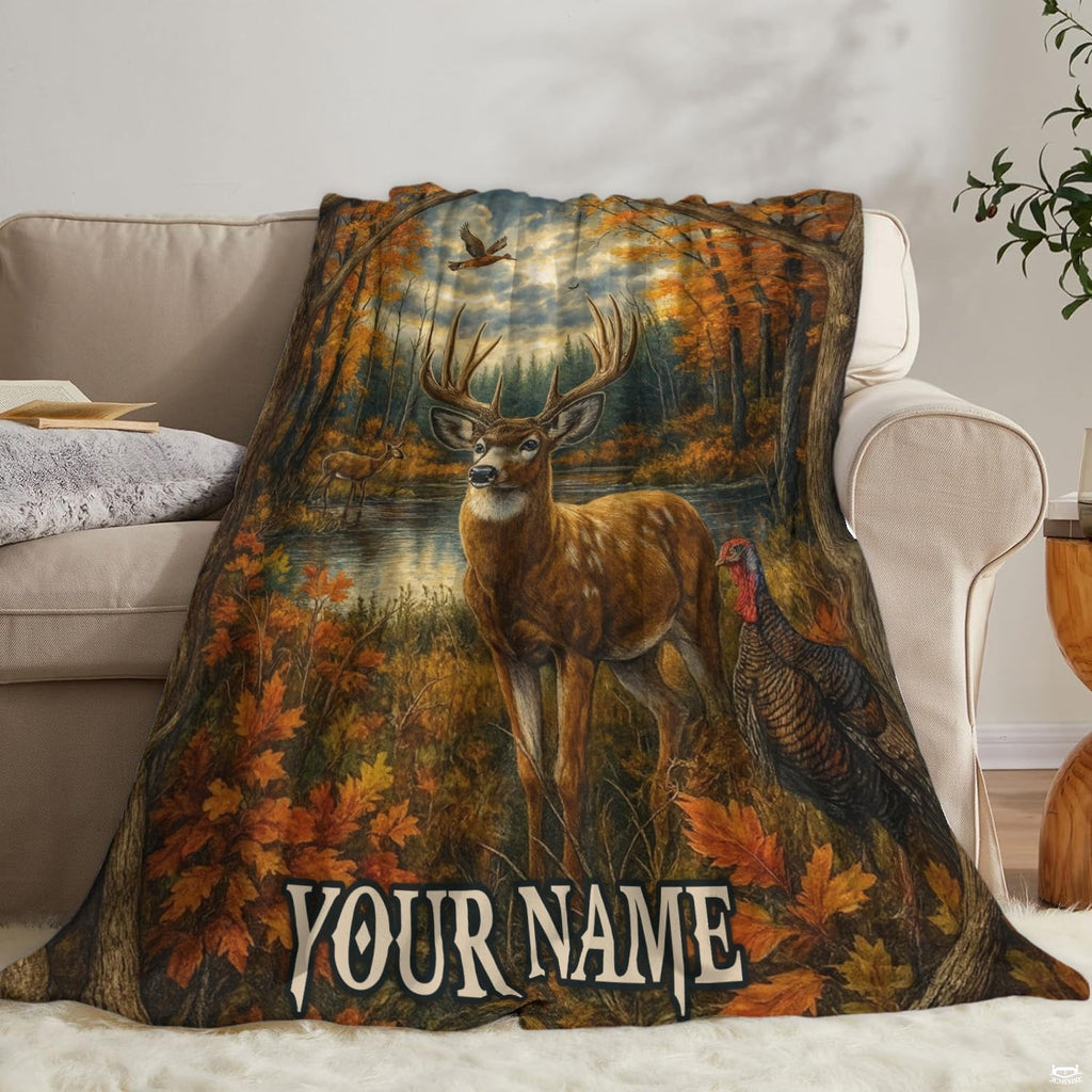 Lakeside woodland motif with deer and autumn canopy arranged neatly in an inviting rustic interior.