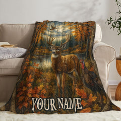 Lakeside woodland motif with deer and autumn canopy arranged neatly in an inviting rustic interior.