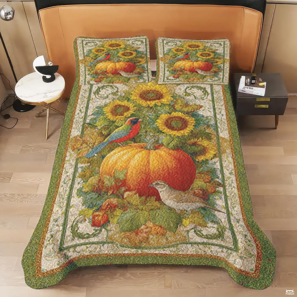 thematic accent fall botanical composition with bright sunflowers, pumpkins, and songbirds across a decorative bedding...