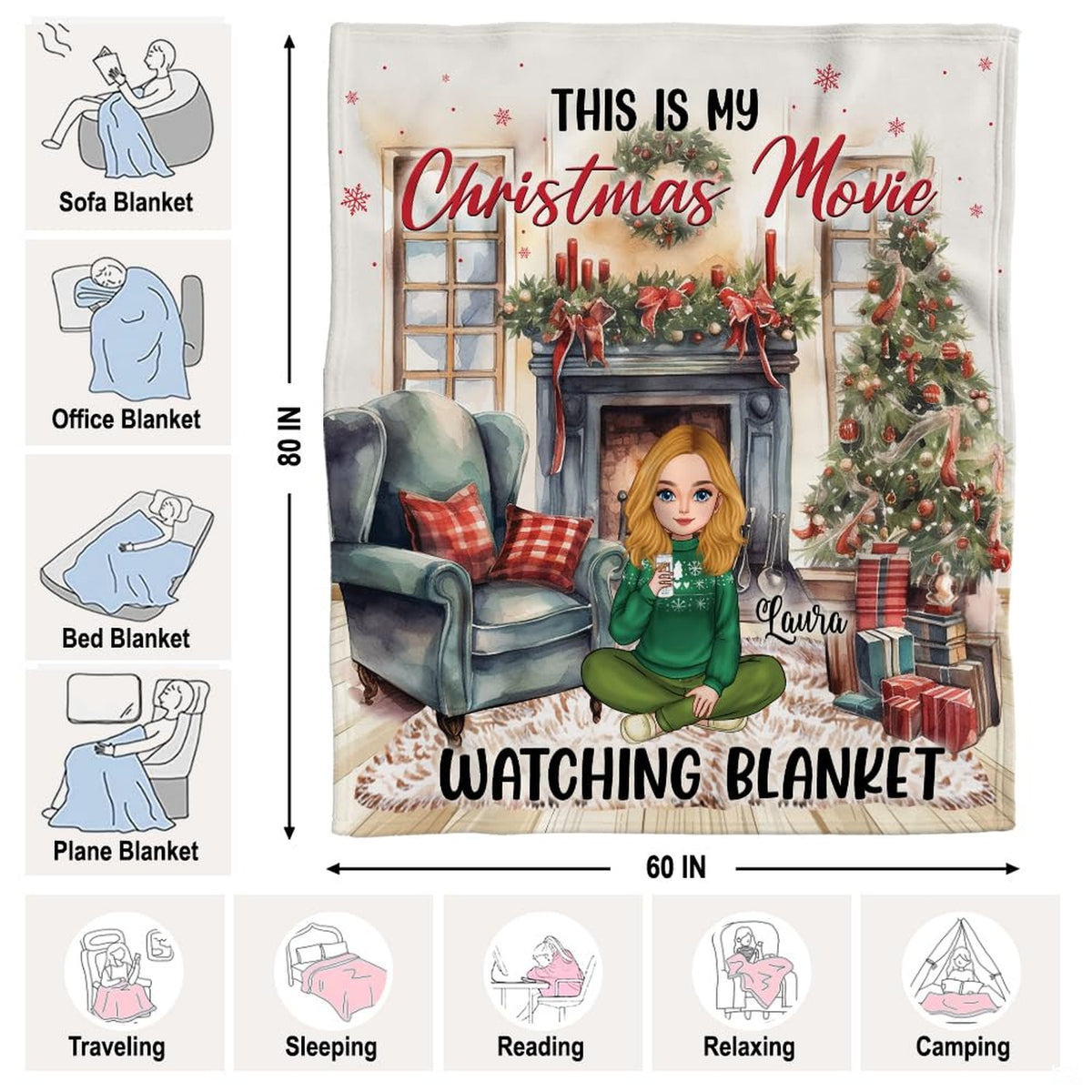 Dimensions and household placement diagram displaying the Christmas holiday throw blanket.