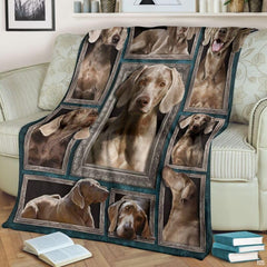 Close-up of embroidered pet portrait fleece aesthetic showcasing detailed Weimaraner dog artwork and silver frame.