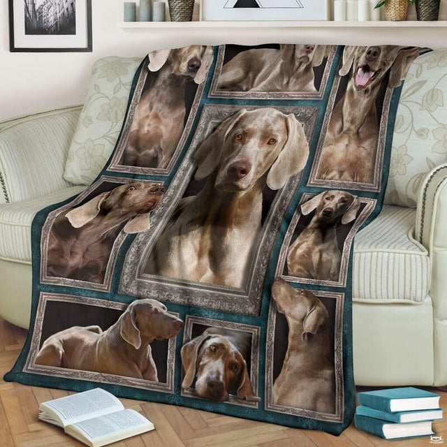 Close-up of embroidered pet portrait fleece aesthetic showcasing detailed Weimaraner dog artwork and silver frame.