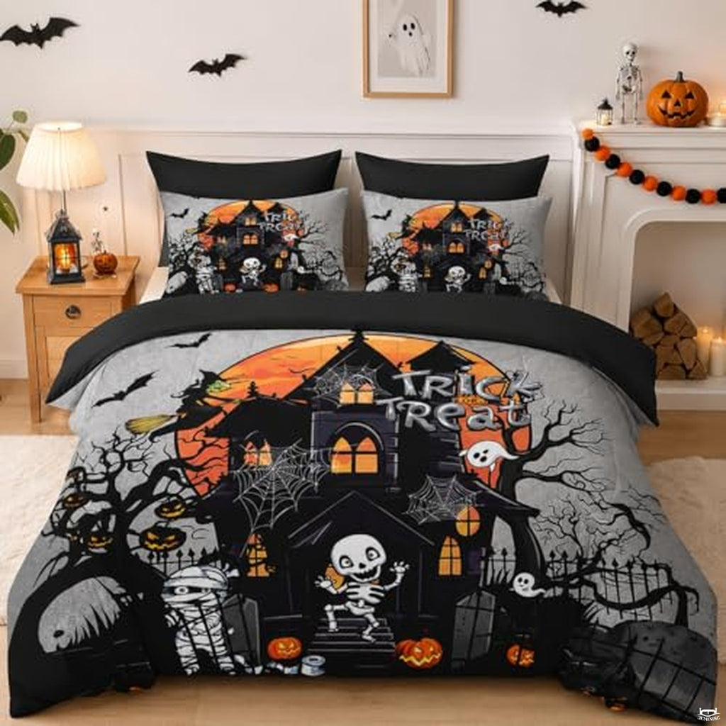 Pamnest Twin Halloween Comforter Set with Sheets, 5 Pieces Castle Bedding