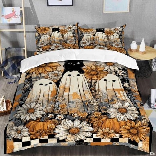 Cute ghosts and black cat autumn floral bedding - view 2