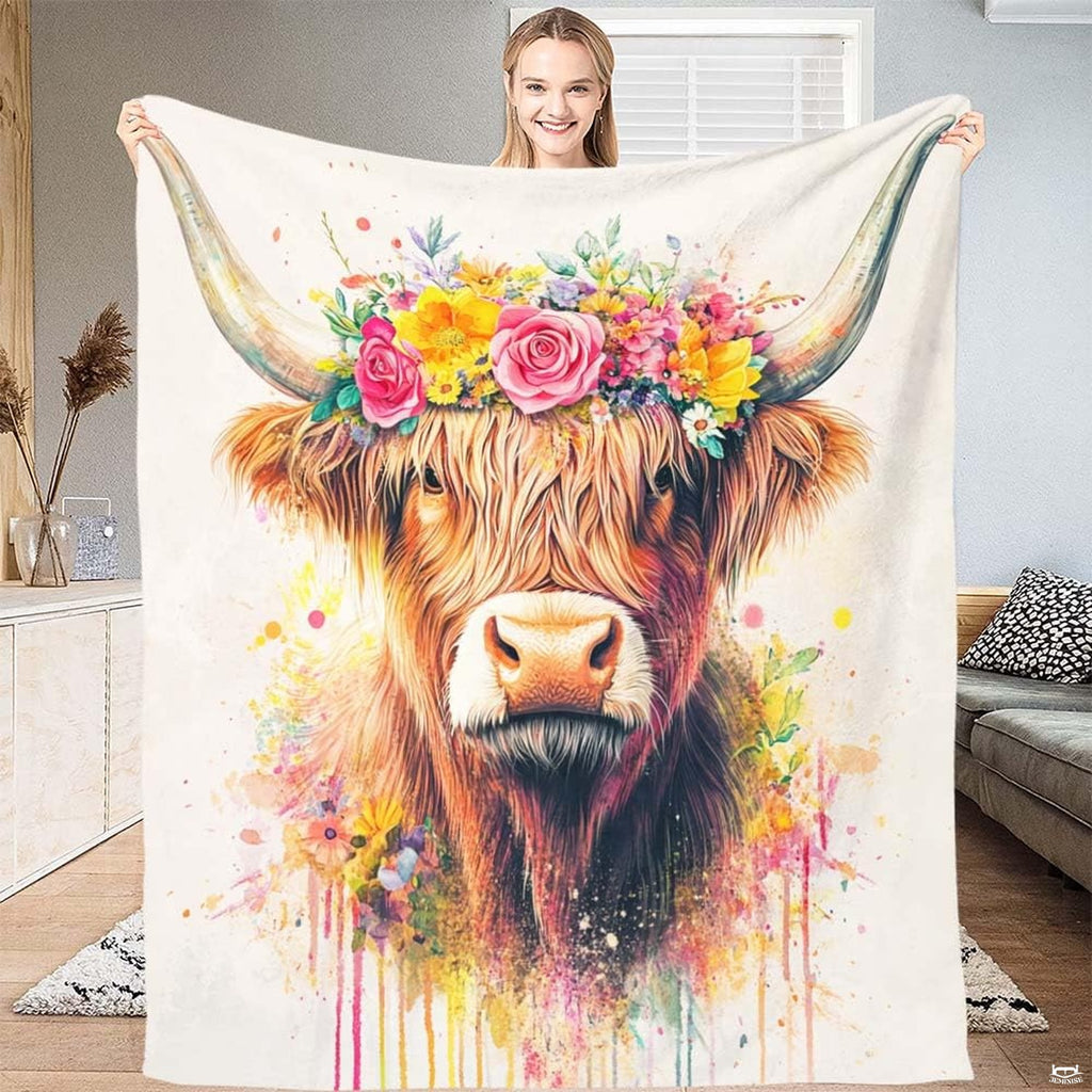 Floral crown Highland cow throw blanket featuring cute shaggy cow with pink rose crown and paint drips