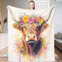 Floral crown Highland cow throw blanket featuring cute shaggy cow with pink rose crown and paint drips