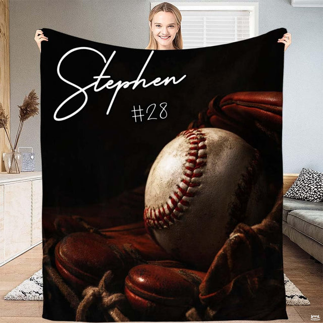 Classic baseball glove throw blanket draped across living room armchair