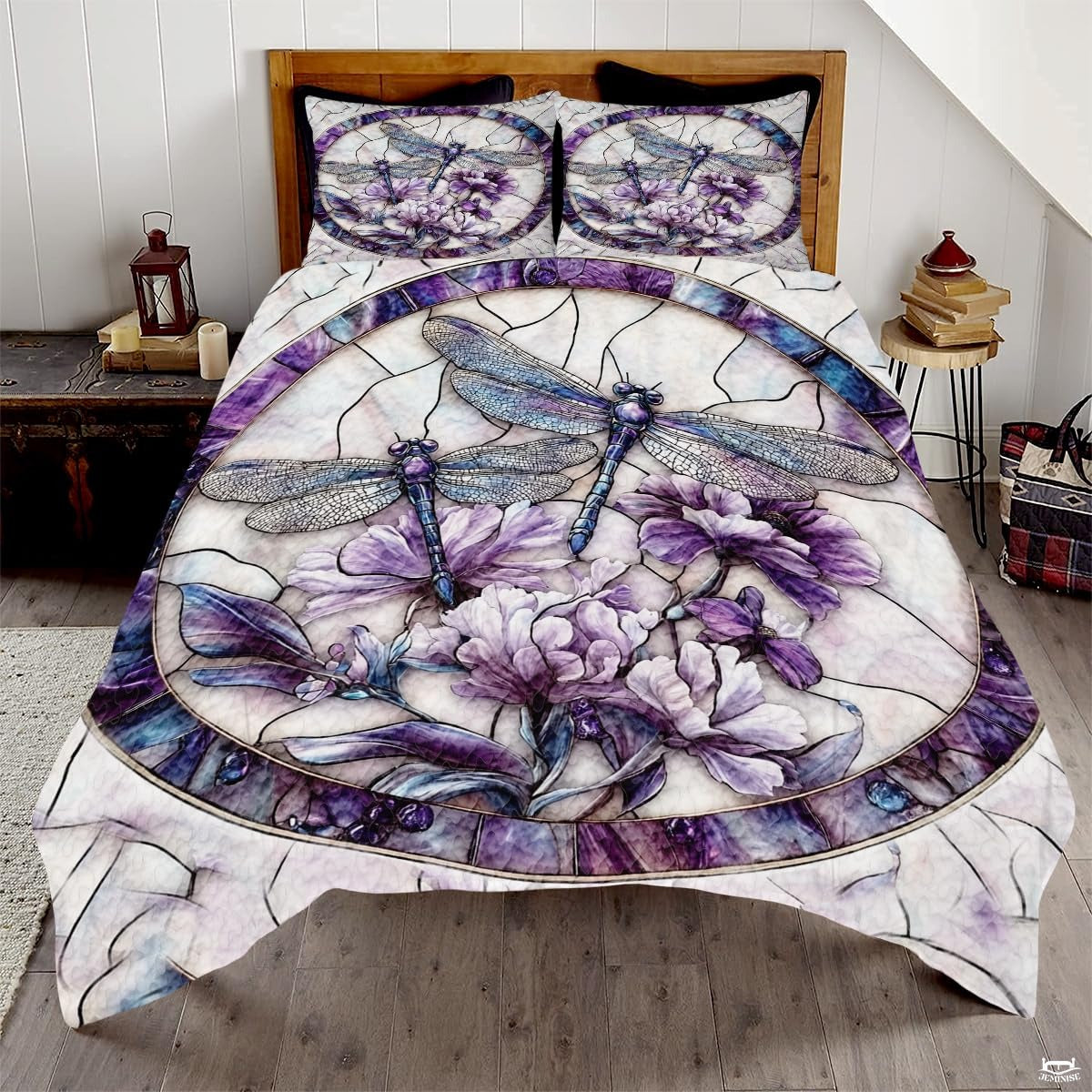 Dragonfly Couple Quilt Set, Dragonflies Patchwork Style Quilt Set - Cotton Quilt Bedding, Patchwork Pattern Quilt Bedspread, Dragonfly Stained Glass Style Bedding Gift