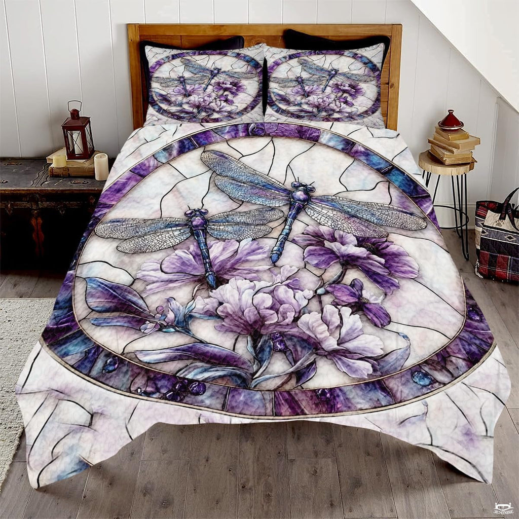 Stained glass purple dragonfly floral bedding with leaded mosaic graphics - view 1