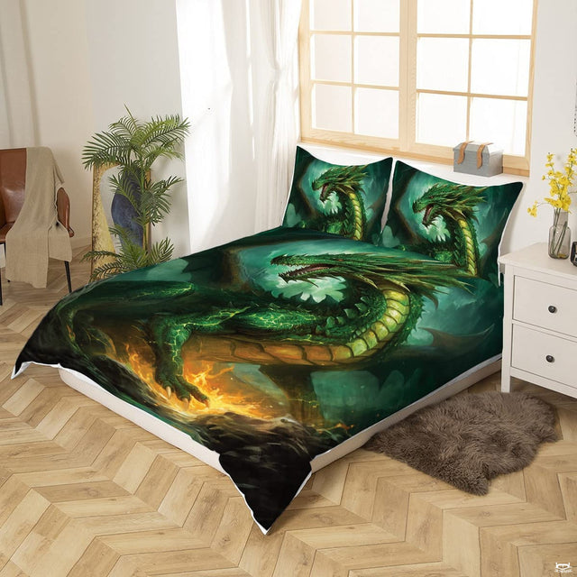 Close-up view of fantasy green dragon scales and glowing yellow-green veins depicted on bedroom decor.