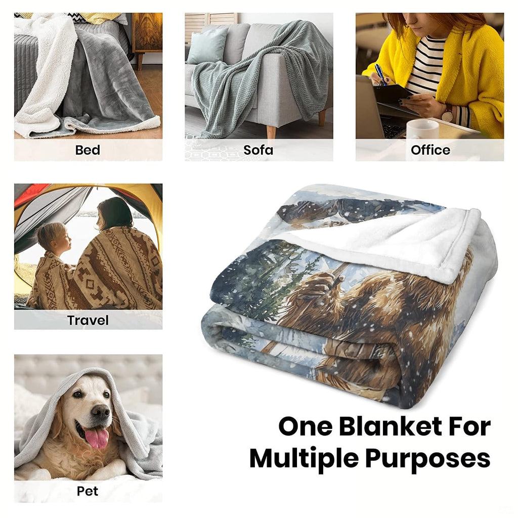 Folded display showing snowy forest artwork beside multiple indoor lifestyle vignettes.