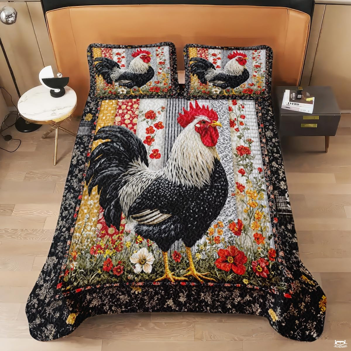 Rooster Patchwork Pattern Quilt Set, Animal Bedding - Chicken Farmhouse Quilt Set Bedspread, Premium Pattern Quilt Bedspread, Rooster Bedding