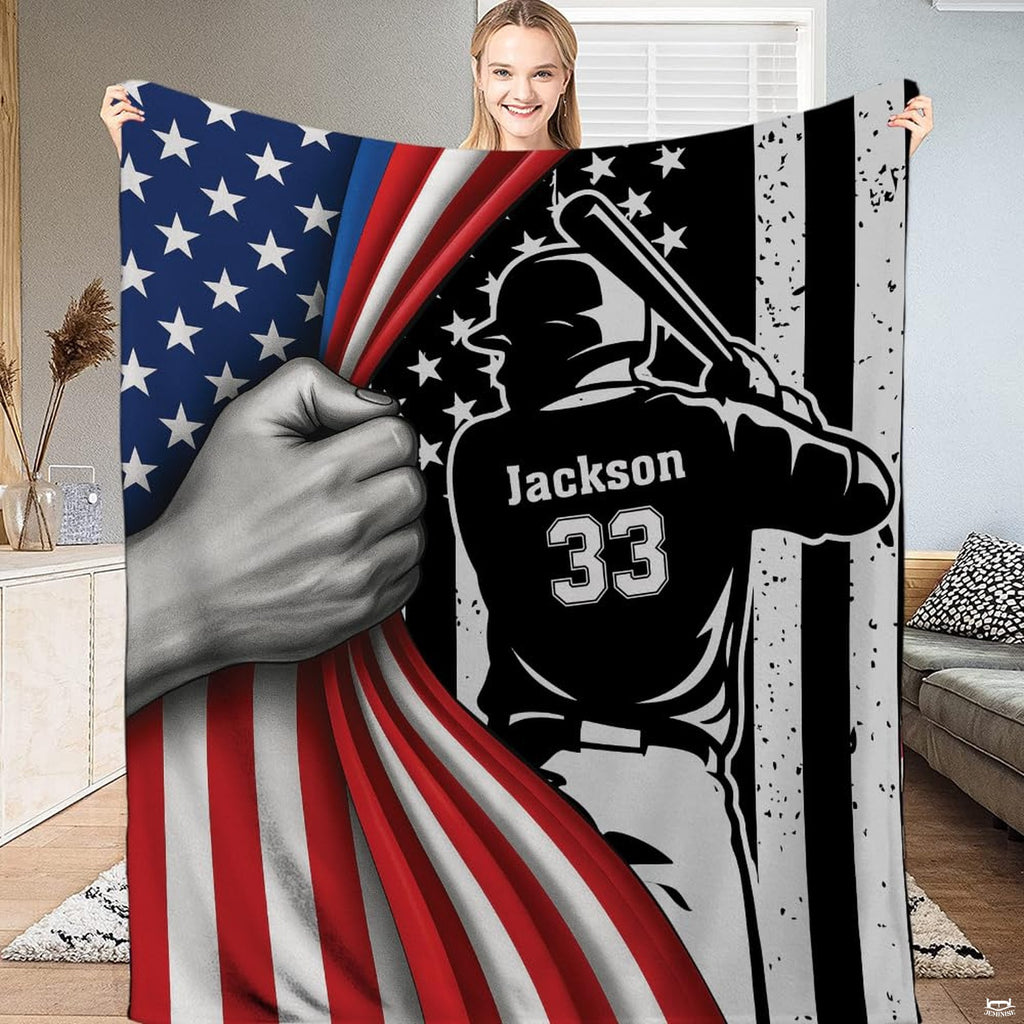 Patriotic baseball sports bedding set with batter silhouette and peeling flag artwork.