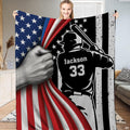 Patriotic baseball sports bedding set with batter silhouette and peeling flag artwork.