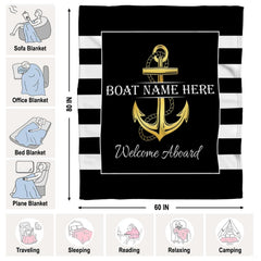 Nautical gold anchor throw blanket view 7 highlighting golden rope anchor and striped coastal side panels