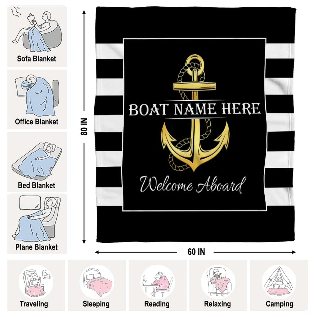 Nautical gold anchor throw blanket view 7 highlighting golden rope anchor and striped coastal side panels