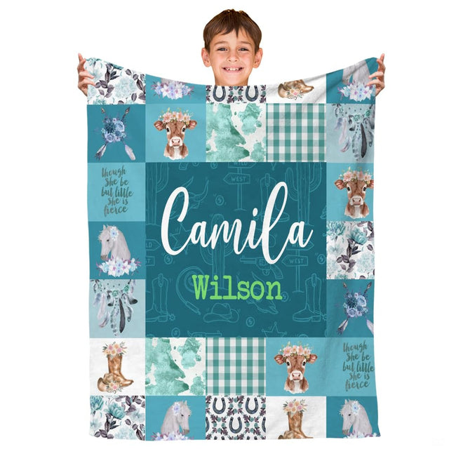 Cowgirl nursery patchwork illustration blanket flat unfolded view