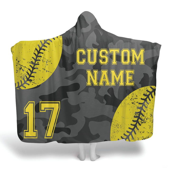 Camo softball varsity sports throw blanket featuring optic yellow softballs on gray urban camo pattern
