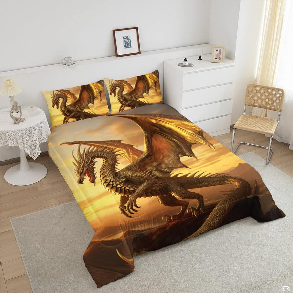 Top angle perspective of amber dragon fantasy bedding showing gleaming gold wings, scales, and stardust prints.