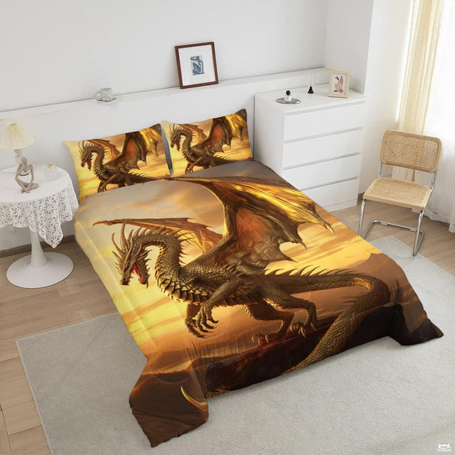 Top angle perspective of amber dragon fantasy bedding showing gleaming gold wings, scales, and stardust prints.
