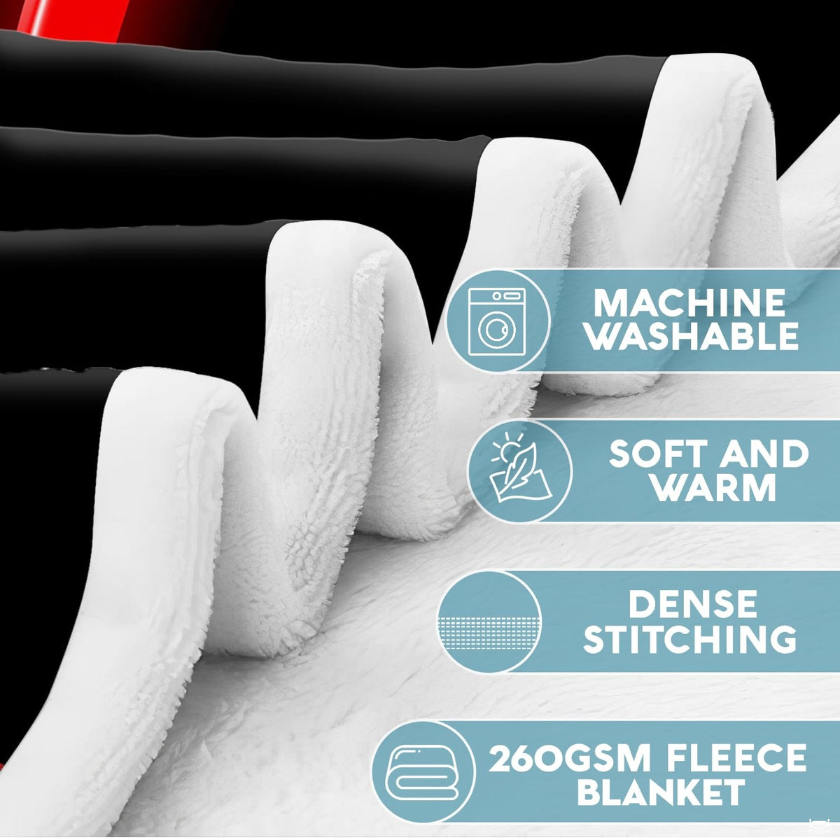 Detailed perspective of the athletic red and white border stripes and metallic serif typography on the blanket