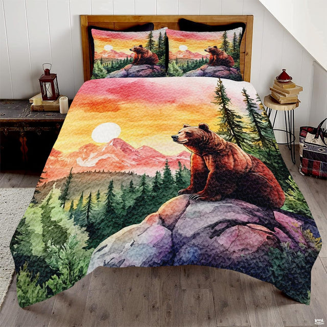 Sunset forest bear family woodland bedding set displayed on a bed in a rustic nature bedroom