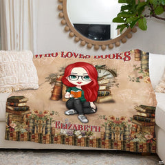 Cartoon red-haired girl with glasses reading among vintage book borders, view 2.