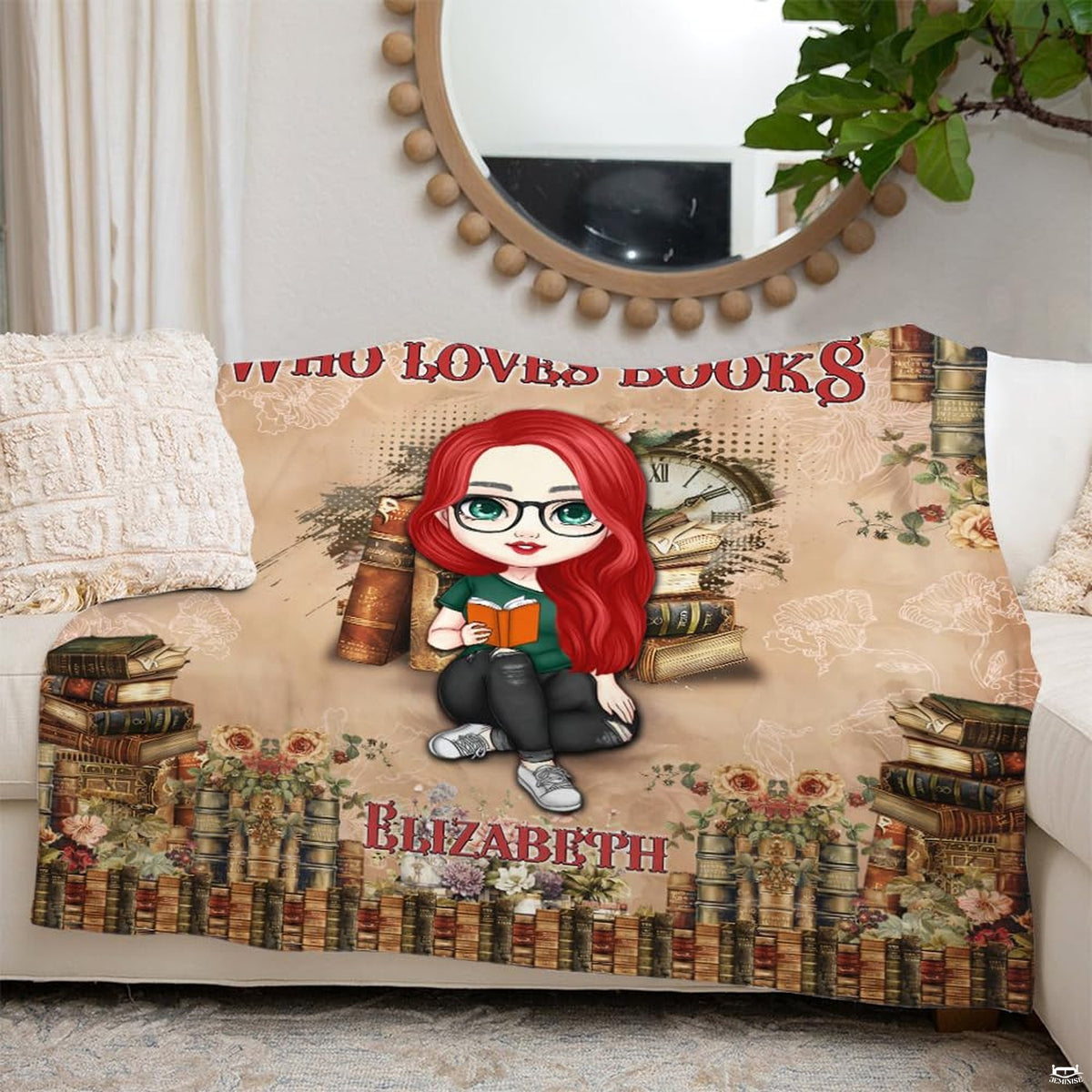 Cartoon red-haired girl with glasses reading among vintage book borders, view 2.