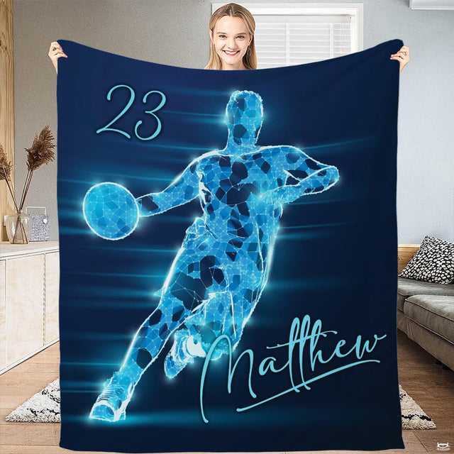 Luminous basketball player throw blanket view 2 highlighting glowing geometric wireframe and speed trails
