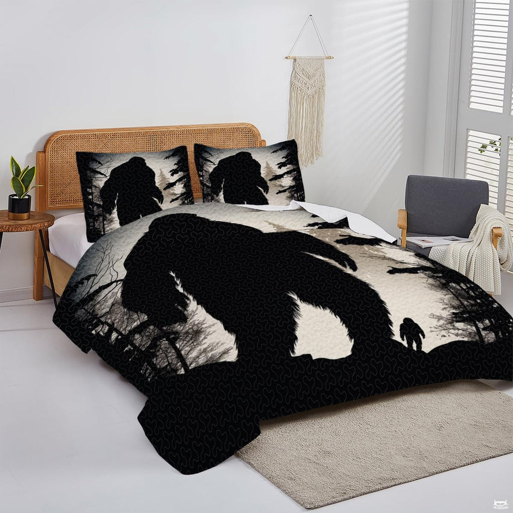 Overhead perspective of Bigfoot bedding arranged neatly across a lodge mattress