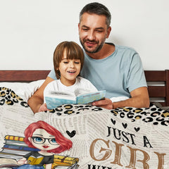 Illustrated character variations and butterfly graphics on reader girl throw blanket.