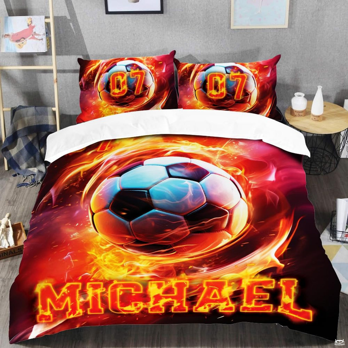 Close-up view of soccer bedding showcasing flaming ball graphics, electric cyan frost, and fire