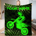 Neon green motocross rider checkered throw blanket featuring a dirt bike racer jump silhouette