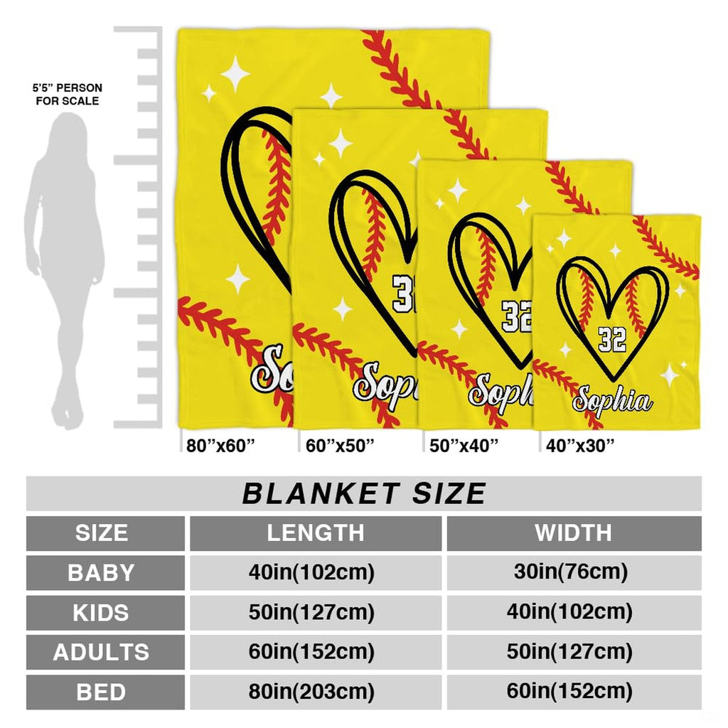 Folded view of softball heart throw blanket showcasing vibrant yellow and red seam graphics.